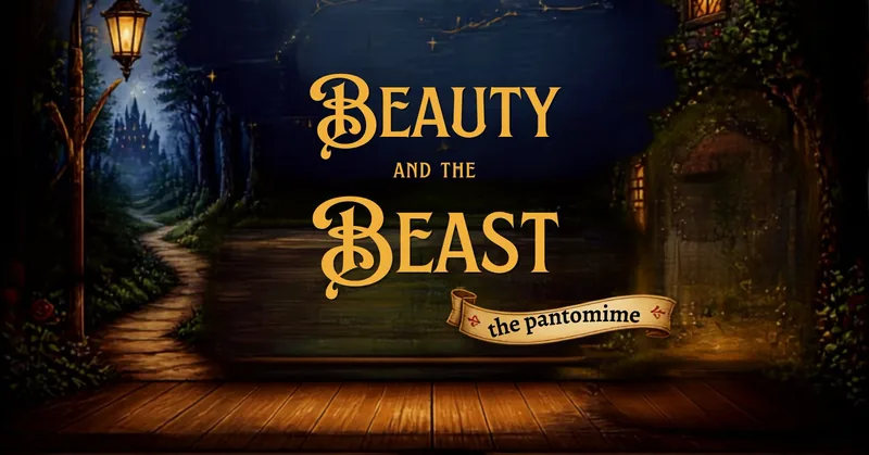 Beauty and the Beast, the pantomime. A lantern-lit woodland path leading to a distant castle at night.